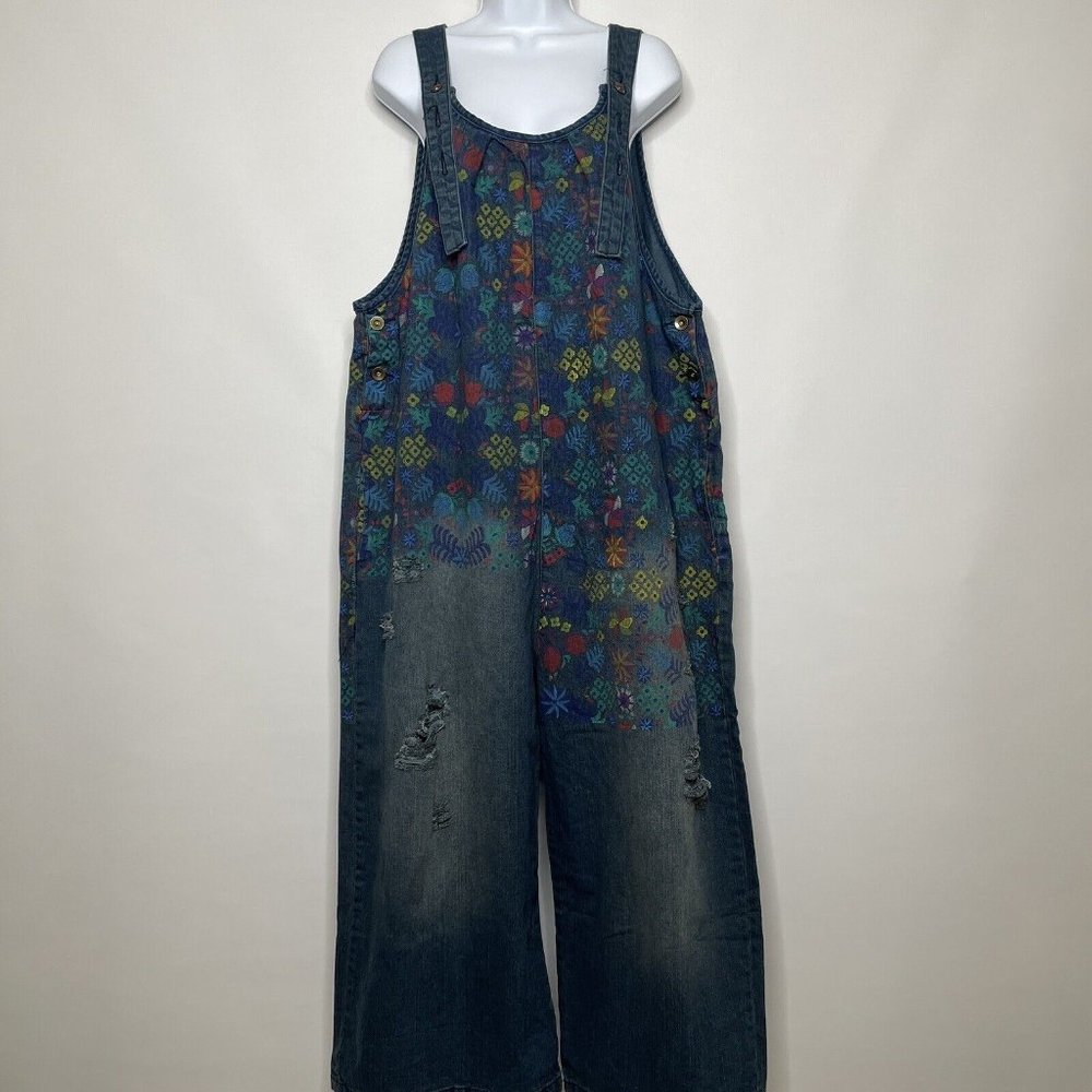 Bohemian Floral Printed Distressed Cropped Wide Leg Blue Denim Overalls